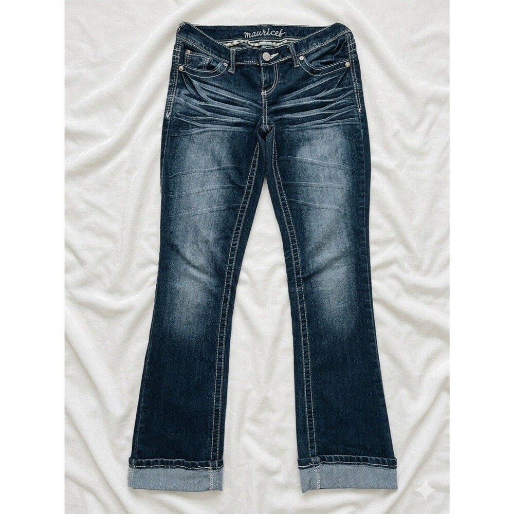 Maurices Scarlett Straight Leg Jeans  Thick Stitch Dark Wash Cuffed Size 3/4 REG